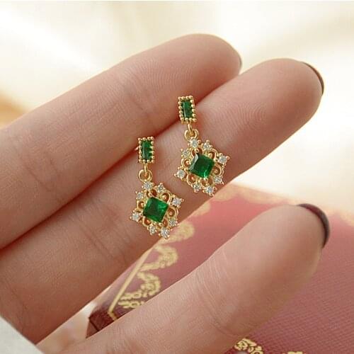 14K Gold Plated Elegant Green Crystal Stud Earrings for Women AAA Cubic Zircon Delicate Jewelry Cute Small Pierced Earrings