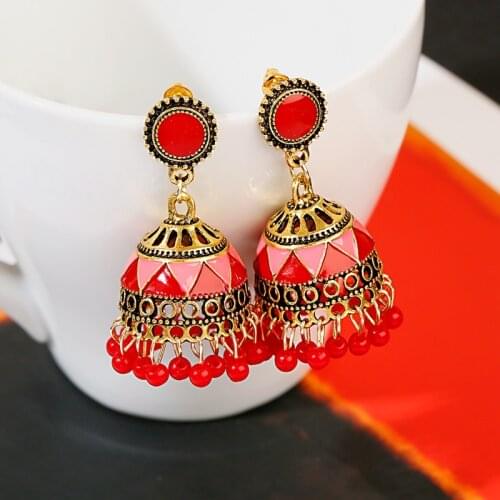Indian Style Blue Geometric Tassel Jhumka Earrings Gypsy Gold Earrings Women Ladies Round Bell Earrings Oorbellen