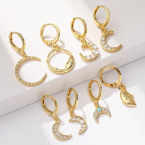 Moon Earrings for Women Gold Charm Dangle Necklace Micro Pave Zircon CZ Cute Earring Trendy Punk Party Korean New Fashion 2021