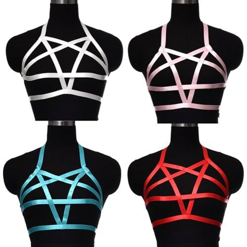 Pentagram Bondage Caged Bralette Gothic Bra Garters Lingerie Women Fetish Crop Tops Harajuku Gothic Body Cage Bra Rave Festival