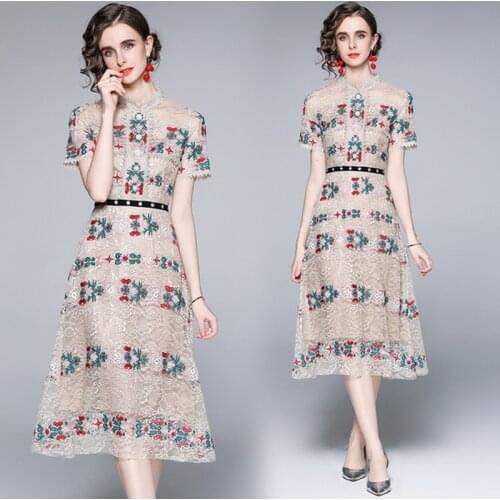 2021 Summer Elegant Runway Embroidered Women Short Sleeve Floral Cross-Stitched Temperament cross-embroidered lace dress