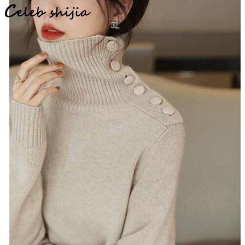 New Single Breasted Shoulder Woolen Dress Woman Tall Neck Autumn 2021 Winter Knit Dress Vestido Korean Elegant Long Sweater