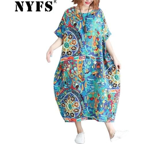 NYFS 2020 New Summer dress Loose Fashion Printing Women Dress Vintage Cotton Linen long dress Vestidos Robe Elbise