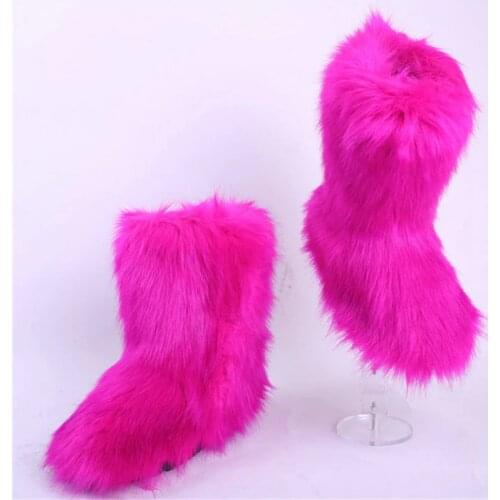2020 Winter Womens Faux Fox Fur outdoor Boots Fluffy Stripe Furry High Snow Boots Woman Fur Home Female Warm Home Shoes 34-44