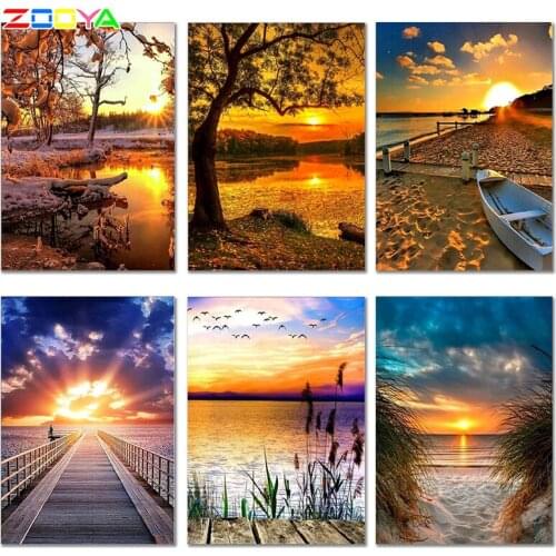 Zooya Diy Diamond Painting Sunset Landscape Cross Stitch Full 5D Diy Diamond Nature Tree Painting Rhinestones Home Decor 6Jh06