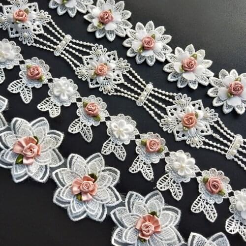 1yard White Pearl Beaded Flower Leaf Floral Lace Edge Trim Ribbon Fabric Embroidered Applique Sewing Craft Wedding Dress Clothes