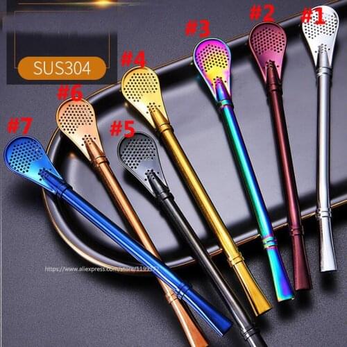 100pcs DHL FEDEX 7 Color Reusable 304 Stainless Steel Drinking Straw Yerba Mates Tea Strainer Filtered Spoon Straws