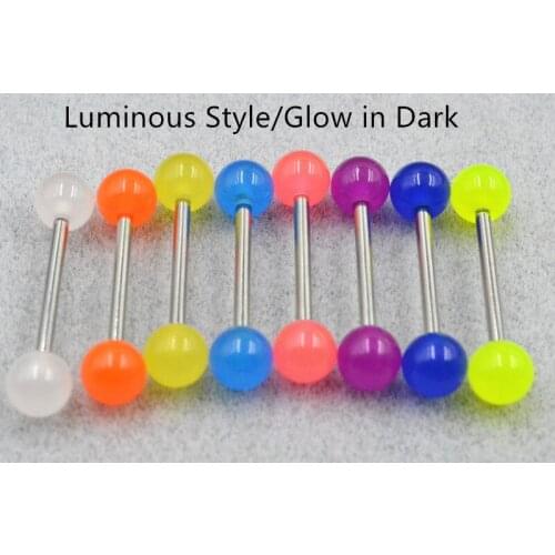 100pcs/lot Free Shipping Glow In Dark Luminous Tongue Ring Bar Nipple Barbells Body Piercing Jewelry 1.6X16X6/6MM