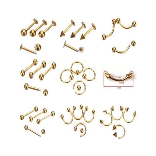 18pcs mix 9 styles anodized gold color surgical steel body piercing jewelry nipple tongue belly button eyebrow labret lip rings