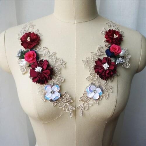 2PCS Wine Red 3D Rose Beads Embroidered Wedding Gown Appliques Lace Fabric Trims Collar Sew Patches For Dress DIY Decoration