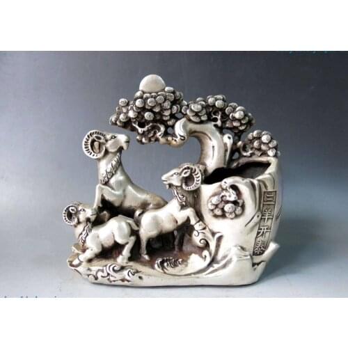 8" China silver safe and sound lucky Three Yang Kaitai sheep brush pot Statue