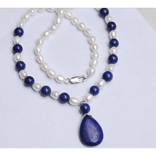 Free Shipping Natural 7-8MM White Akoya Pearl / Lapis Lazuli Pendant Necklace 18"