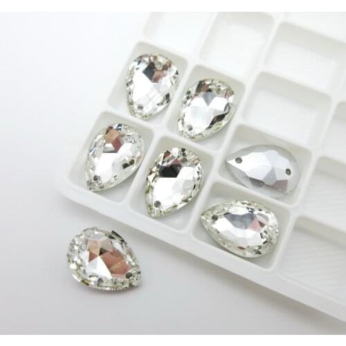 Shinning clear Glass Crystal strass Pointback with two holes DR teardrop shape rhinestones sew on wedding dress accessories diy
