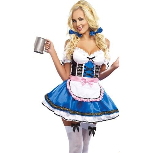 Corzzet Women Blue& White Off Shoulder Beer Costume Girl Costume Halloween German Oktoberfest Costume French Maid Dress