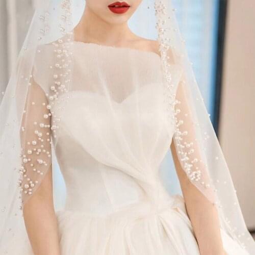 Wedding Bridal Veil Shiny Pearls Adornment Simple Cut Edge One Layer Long Drop Tulle Cathedral Length Chapel Veils
