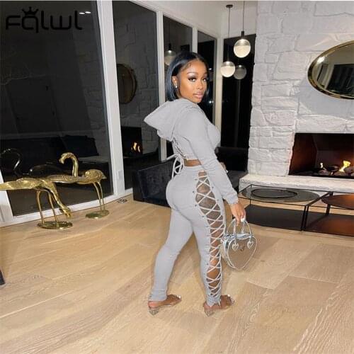 FQLWL Autumn Streetwear 2 Two Piece Sets Women Outfits Hoodie Long Sleeve Crop Tops Hollow Out Pants Sets Pink Tracksuit Women