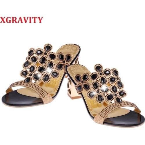 XGRAVITY Hot Sale Fashion 2020 Chunky Heel Shoes Open Toe Summer Slides Elegant Women Fashion Pumps Sexy Rhinestone SHoes B094