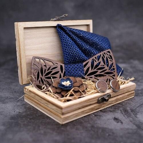 Handmade Mens Wood Bow Tie with Matching Pocket Square and Mens Cufflinks Set