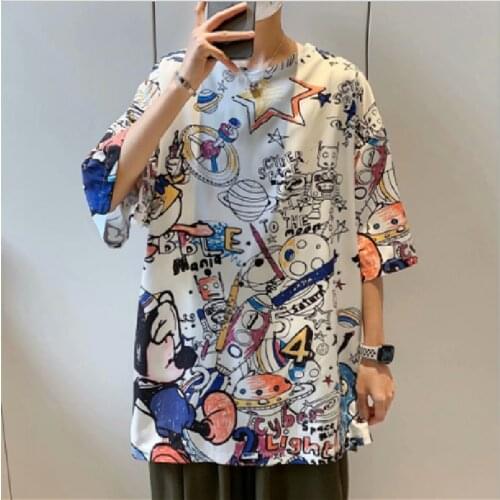 New Japanese cartoon anime graffiti short-sleeved T-shirt male hip-hop loose Hong Kong fashion brand clothes summer half-sleeved