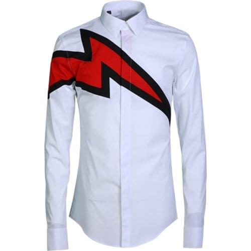 New Men Shirt Luxury Design Fashion Red Lightning Printed Mens Dress Shirt Camisa Masculina Mens Shirts Casual Slim Fit social