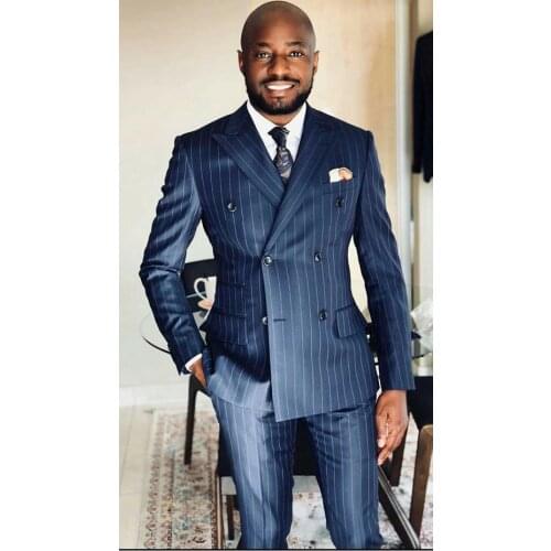 2021 New Arrival Wedding Tuxedos Pinstripe Mens Groom Suits Peaked Lapel Slim Fit Prom Party Suits 2pieces Suits(Jacket+Pants)