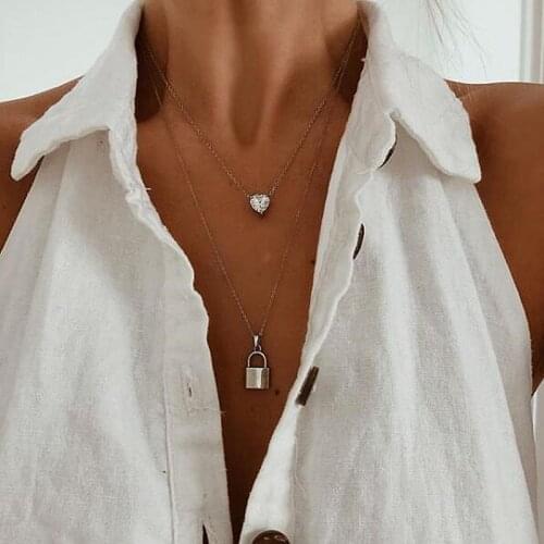 Mavis Hare Crystal Heart & PAD Lock Necklace Set Stainless Steel Necklace Jewelry as Mothers Day Valentines Day Gift