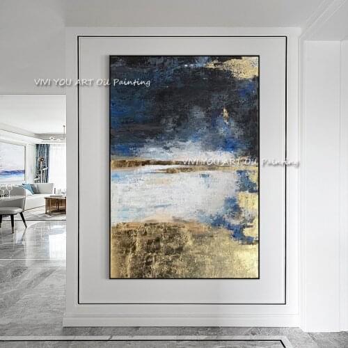 100% Hand-Painted Oil Paintings on Grey Canvas Gold Foil Abstract Painting Wall Picture for Living Room Home Decor Art No Framed