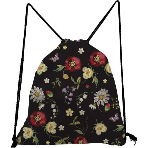 Many Kinds Floral Printed Backpack Black Pretty Drawstring Bags Fashion Portable Travel Bag Large Capacity Shoe Bag to School