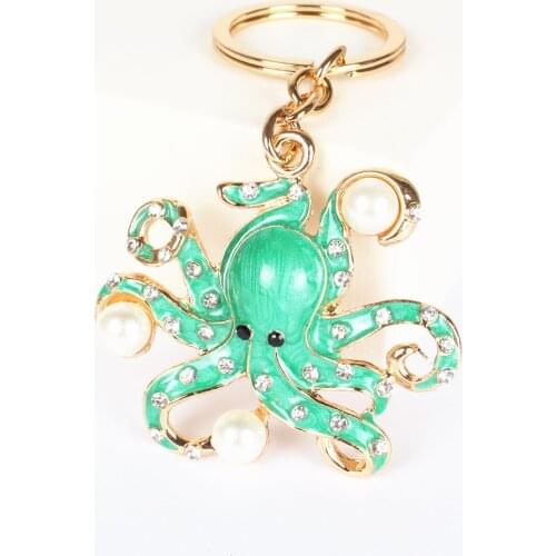 Green Octopus Pearl Cute Crystal Charm Purse Handbag Car Key Keyring Keychain Party Wedding Birthday Gift