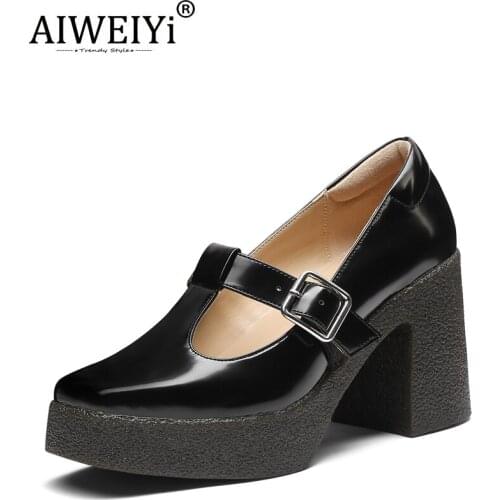AIWEIYi Square Toe Leather Mary Jane Woman Shoes Spring Thick High Heels Shoes Women Platform High-Heeled Shoes