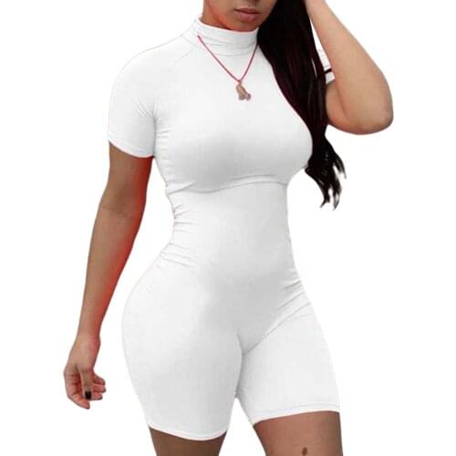 2021 Trendy Women Jumpsuit Short Sleeve Turtleneck Solid Color Skinny Playsuit Fitness Workout Romper Sportswear Streetwear