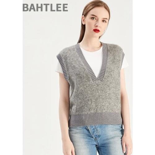 BAHTLEE Autumn Spring Women Mohair Sleeveless V-Neck Pullovers Vest Sweater Pure Color Wool Knitted Split Jumper