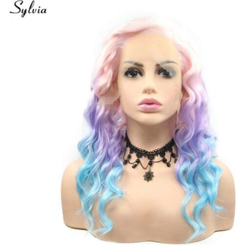 Sylvia Bouncy Curly Medium Hair Girls Cosplay Party Baby Pink/Pastel Lilac Purple/Blue Ombre Synthetic Lace Front Wigs for Women
