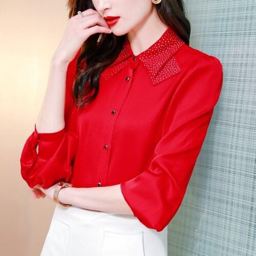 Women Spring Diamonds Blouses 2021 Plus Size Long Sleeve Red Drilling OL Blusa Elegant Casual Vintage Loose Red Tops Tees 9253
