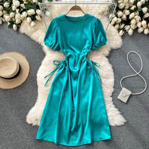 SINGREINY Women Elegant French Satin Dress Fashion Puff Sleeve O Neck A-line Dresses Summer Design Drawstring Hollow Waist Dress