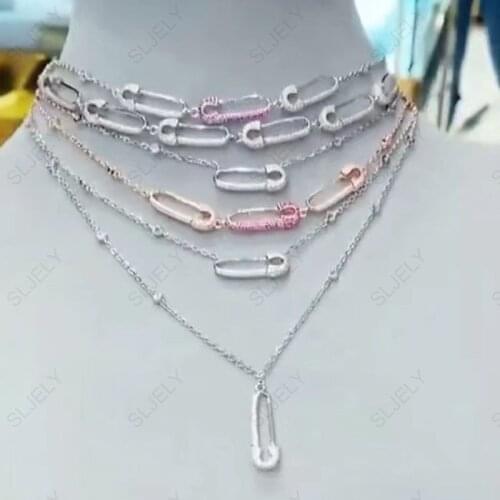 SLJELY Fashion KO Design 925 Sterling Silver High Quality Safety Pin Double Chain Necklace Women Girls Luxury Brand Fine Jewelry