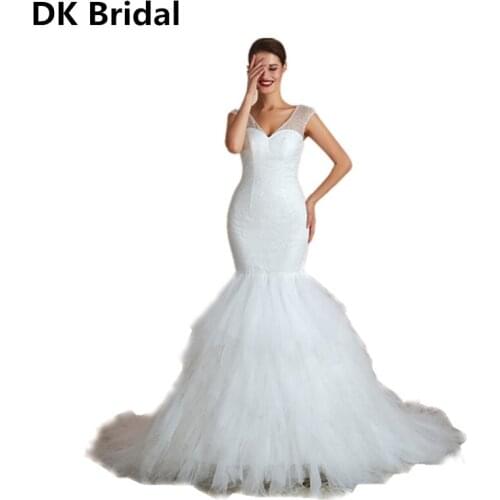 Real Photo 2019 New Style Sexy V-Neck Beautiful Pearl Embroidery Lace Wedding Dress For Wedding Vestido de noiva Mermaid Wedding