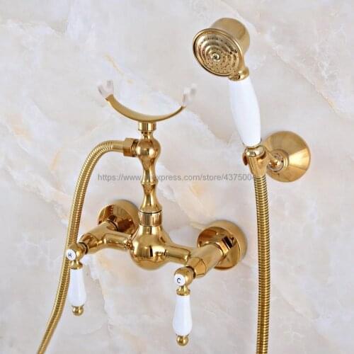 Golden Brass Bathroom Faucet Bath Faucet Mixer Tap Wall Mounted Hand Held Shower Head Kit Shower Faucet Sets Nna924