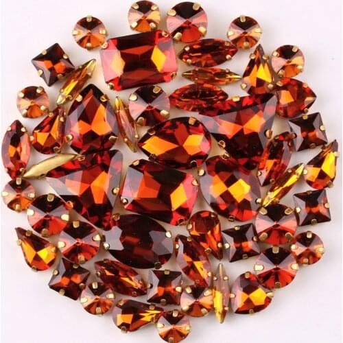 Gold claw setting 50pcs/bag shapes mix Tea color glass crystal sew on rhinestone wedding dress shoes bags diy trim