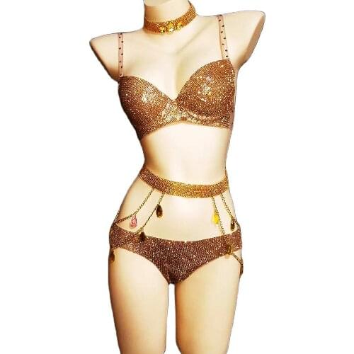 Gold Rhinestones Bikini Suits Embellished Chain Costume Personality Performance Costume Ladies Party Evening Costume Women