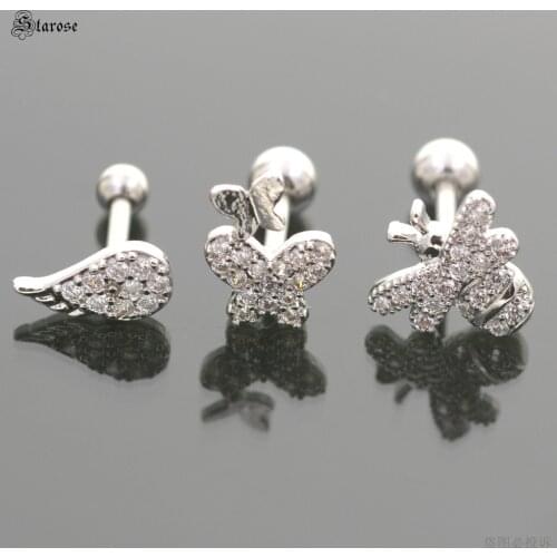 1Pc Stunning Zircon Bee Butterfly Wing Upper Lobe Piercing Conch Stud Earrings Auricle Piercing Tragus Helix Rings Body Jewelry