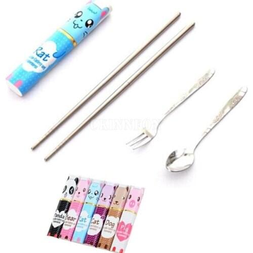 100Sets/Lot Portable Cartoon Cute Lunch Tableware Cutlery Sets/Lot Stainless Steel Spoon Fork Chopstick Fashionable