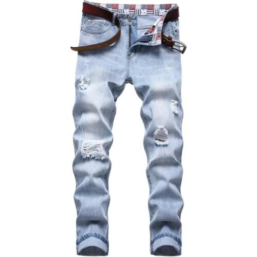 2021 AUTUMN Spring Mens Ripped Street HIP HOP Punk Stretch Bike Jeans Trendy Holes Straight Denim Trouers