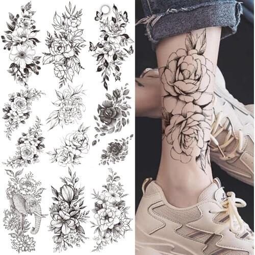 3D Peony Flower Temporary Tattoos For Women Girls Fake Elephant Anemone Rose Tattoo Sticker Black Orchid Zinna Tatoos Thigh