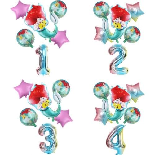 6pcs mermaid Ariel cartoon disney princess foil balloons 32Inch Number baby girl pink air baloes birthday party decor kids toys