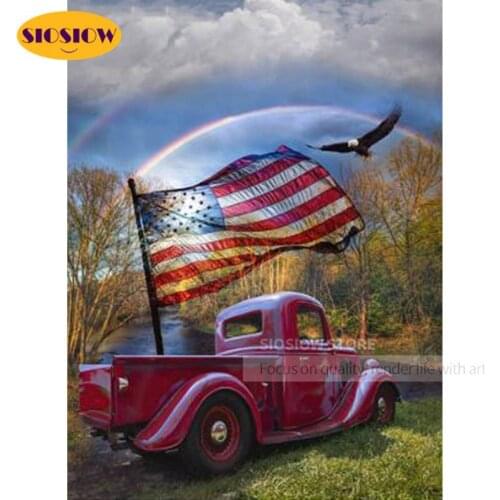 5d Diy Diamond Painting America Flag Old-Fashioned Car Landscape Full Square Drill Crystal Mosaic Beads Picture Embroidery Kits