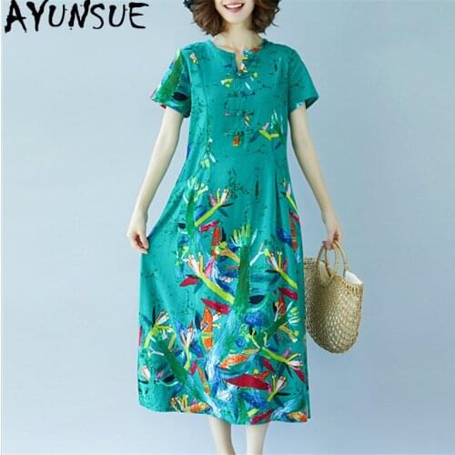 AYUNSUE Long Summer Dress for Women Vintage Cotton Linen Dress Elegant Print Dresses Large Vestidos Casual Mujer 2020 KJ1859