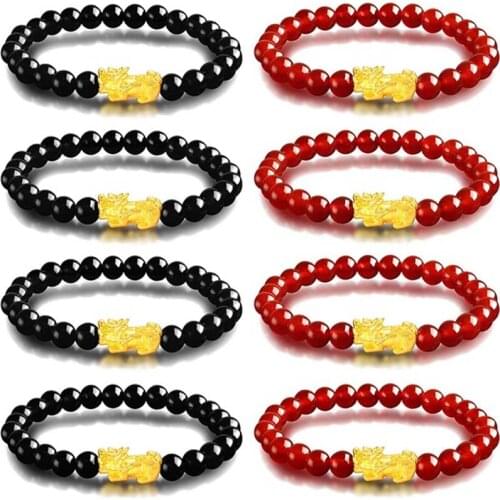 2Pcs Women Men Beaded Pi Xiu Charm Lucky Fortune Black Obsidian Red Garnet Wealth Bracelet Adjustable Elastic
