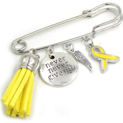 New Arrival Endometriosis Awareness Brooch Pin never give up Cancer Yellow Ribbon Pin Brooch Safety Pins for men women