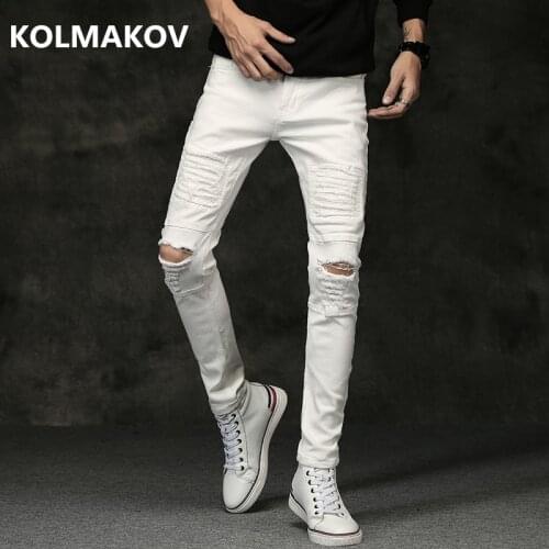 2019 Spring New men Jeans Black White Classic Fashion hole style Denim Skinny Jeans mens casual High Quality Slim Fit Trousers